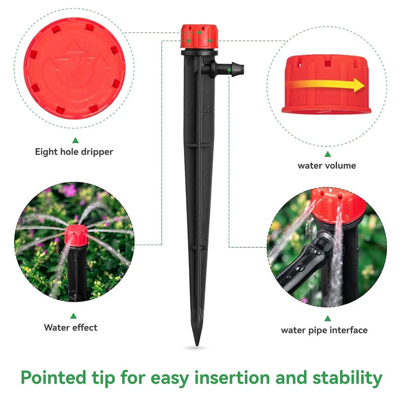 La Farah 100pcs Drip Irrigation Emitters for 1/4" Drip Irrigation Tubing,Adjustable 360 Degree Water Flow Drippers on 5" Arrow Stake, Garden Irrigation Drippers for (4-7mm) Watering System Kit - Image 2